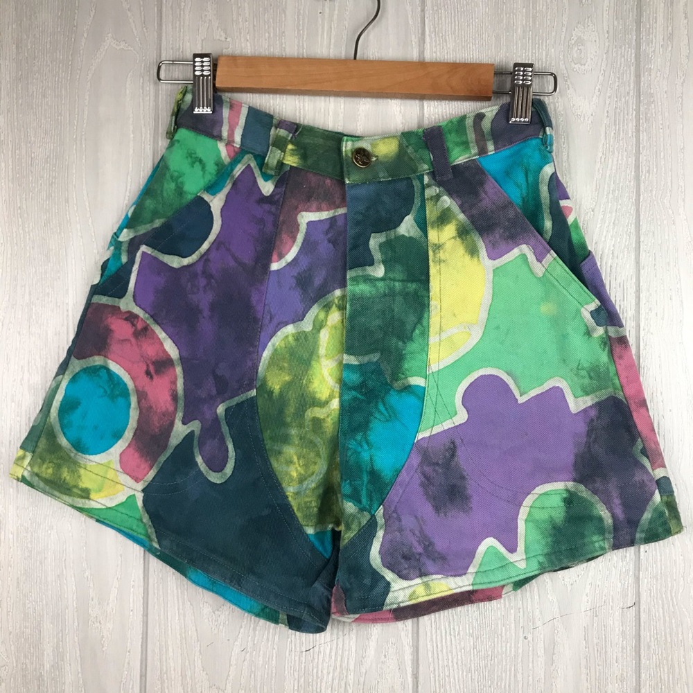 NWOT Vintage Denim Shorts Colorful Rare 90’s Handmade High Waist Pockets